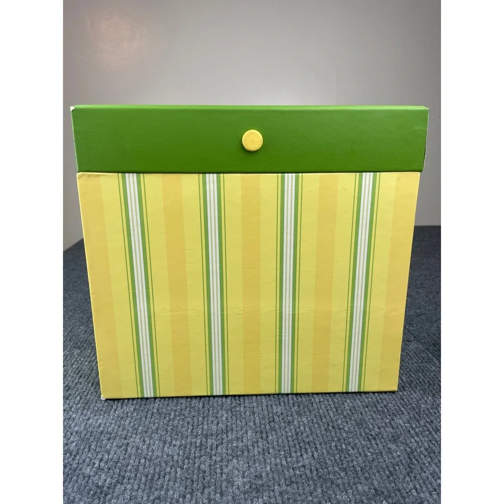 VTG. Hallmark Yellow Green Striped Card Storage Box w/Pullout Drawer 10.5x10x4.5